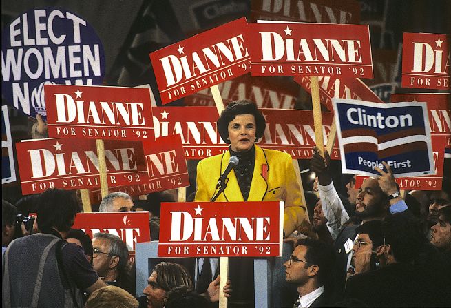Feinstein addresses the Democratic National Convention in 1992. She was elected to the United States Senate that year and served in that position until her death.