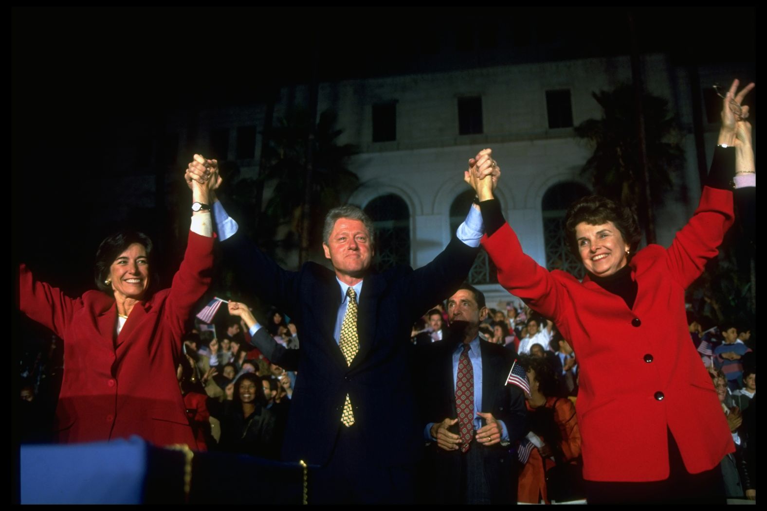 Feinstein joins California gubernatorial candidate Kathleen Brown and President Bill Clinton on stage at a campaign rally in Los Angeles in 1994.