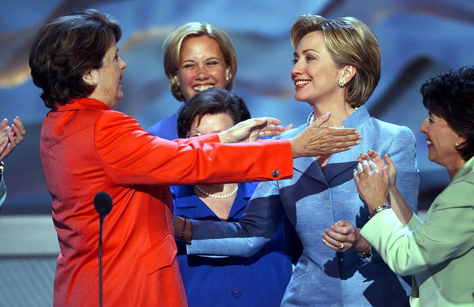 Feinstein greets first lady Hillary Clinton at the 2000 Democratic National Convention in Los Angeles. Clinton was running for a US Senate seat in New York, which she went on to win.