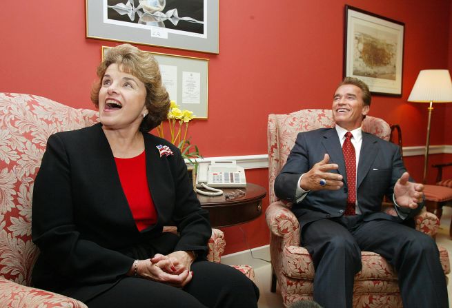 California Governor-elect Arnold Schwarzenegger meets with Feinstein on Capitol Hill in 2003. Schwarzenegger was in Washington seeking funds for his cash-strapped state.
