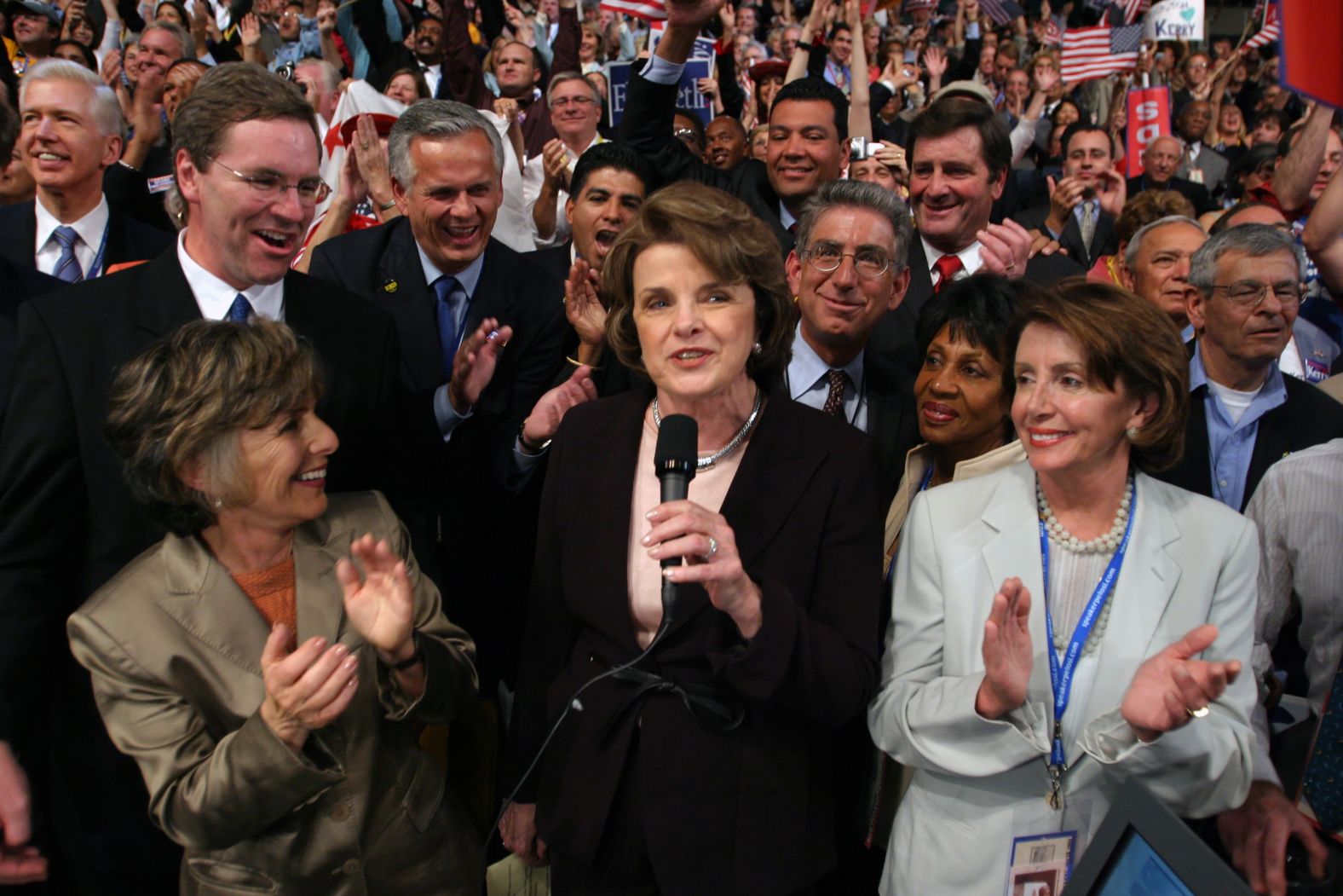 Feinstein speaks while standing among California delegates at the 2004 Democratic National Convention in Boston.