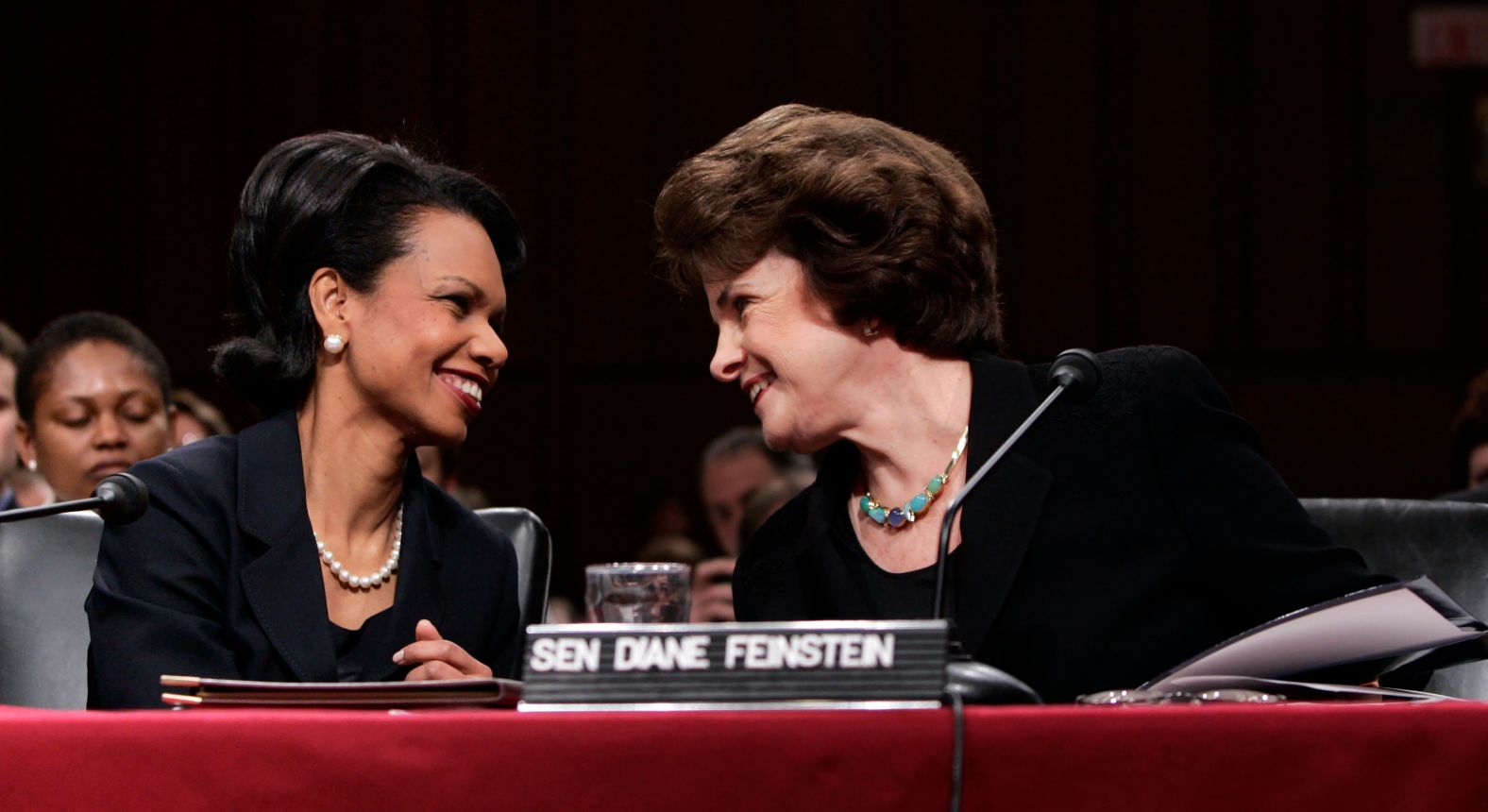 Condoleezza Rice sits with Feinstein before Rice's confirmation hearing in 2005 after her nomination by President George W. Bush to succeed Colin Powell as the secretary of state.