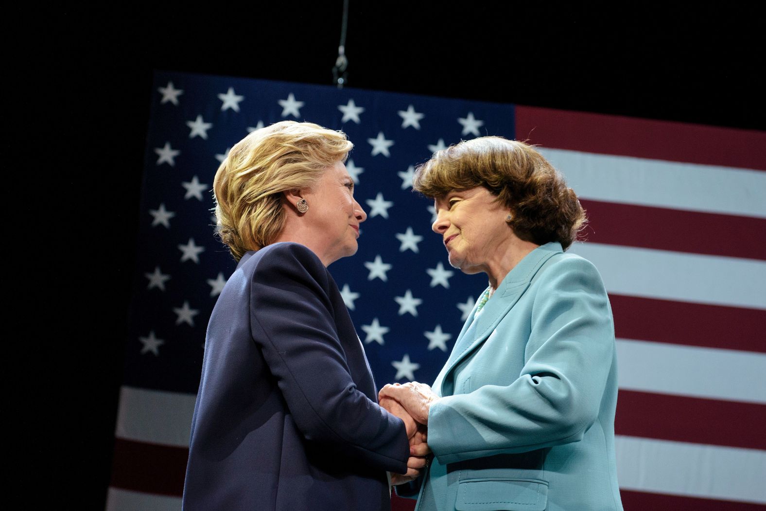 Democratic presidential nominee Hillary Clinton greets Feinstein during a fundraiser in San Francisco, California, in 2016.