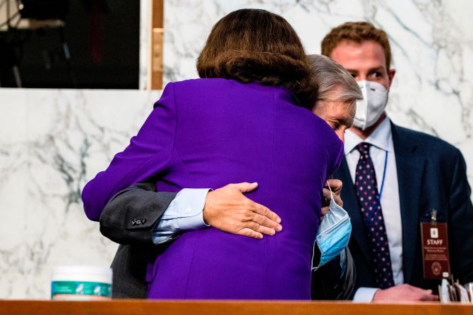 Feinstein embraces Chairman Lindsey Graham as Barrett's confirmation hearings come to a close in 2020. She angered her democratic colleagues for <a href="https://www.cnn.com/2020/10/22/politics/republican-reaction-dianne-feinstein/index.html" target="_blank">praising Graham</a> and his handling of the hearings while Democrats were trying to characterize them as an illegitimate sham.<br />