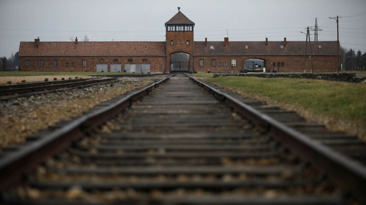 The main railway building is pictured on the site of the  Auschwitz-Birkenau concentration camp on January 25, 2021. 