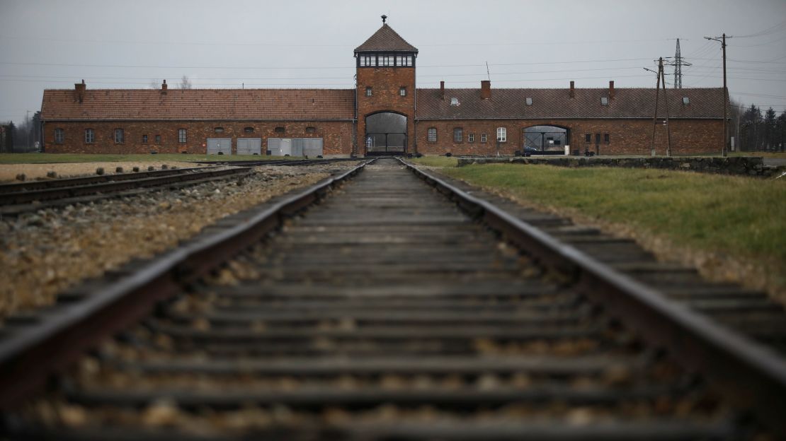 The main railway building is pictured on the site of the Auschwitz-Birkenau concentration camp on January 25, 2021. 