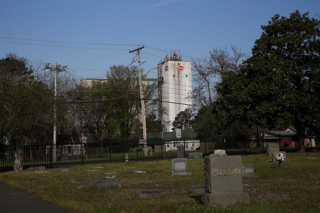A Tyson feed mill towers over the city of Hope, where the company is the county's largest employer.  