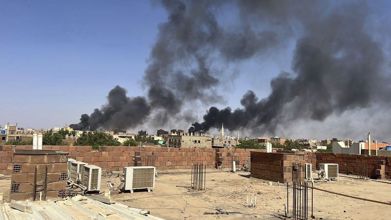 Smoke fills the sky in Khartoum, Sudan, near Doha International Hospital on Friday, April 21, 2023. 