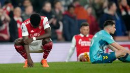Arsenal's Bukayo Saka, left, pauses at the end of the English Premier League soccer match between Arsenal and Southampton at Emirates stadium in London, Friday, April 21, 2023. 