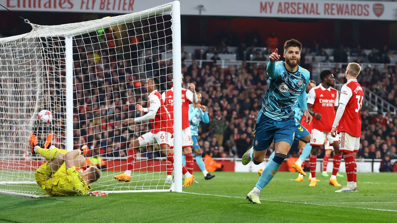 Southampton's Duje Caleta-Car celebrates scoring his team's third goal.