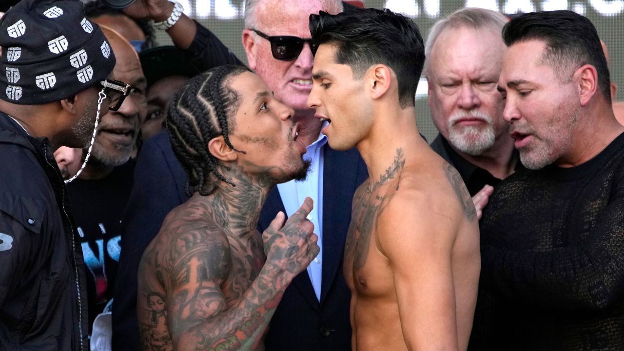 Gervonta Davis (left) and Ryan Garcia exchange words during a weigh-in on Friday, April 21.