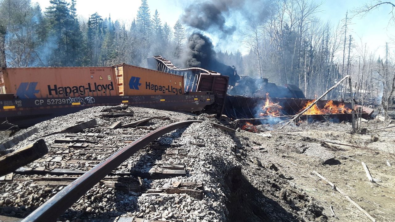 A train derailed, causing a fire near Rockwood, Maine, on April 15, 2023. 
