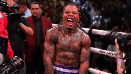 LAS VEGAS, NEVADA - APRIL 22: Gervonta Davis in the green and purple trunks reacts after defeating Ryan Garcia in the black trunks by knockout in the seventh round during their catchweight bout at T-Mobile Arena on April 22, 2023 in Las Vegas, Nevada. (Photo by Al Bello/Getty Images)