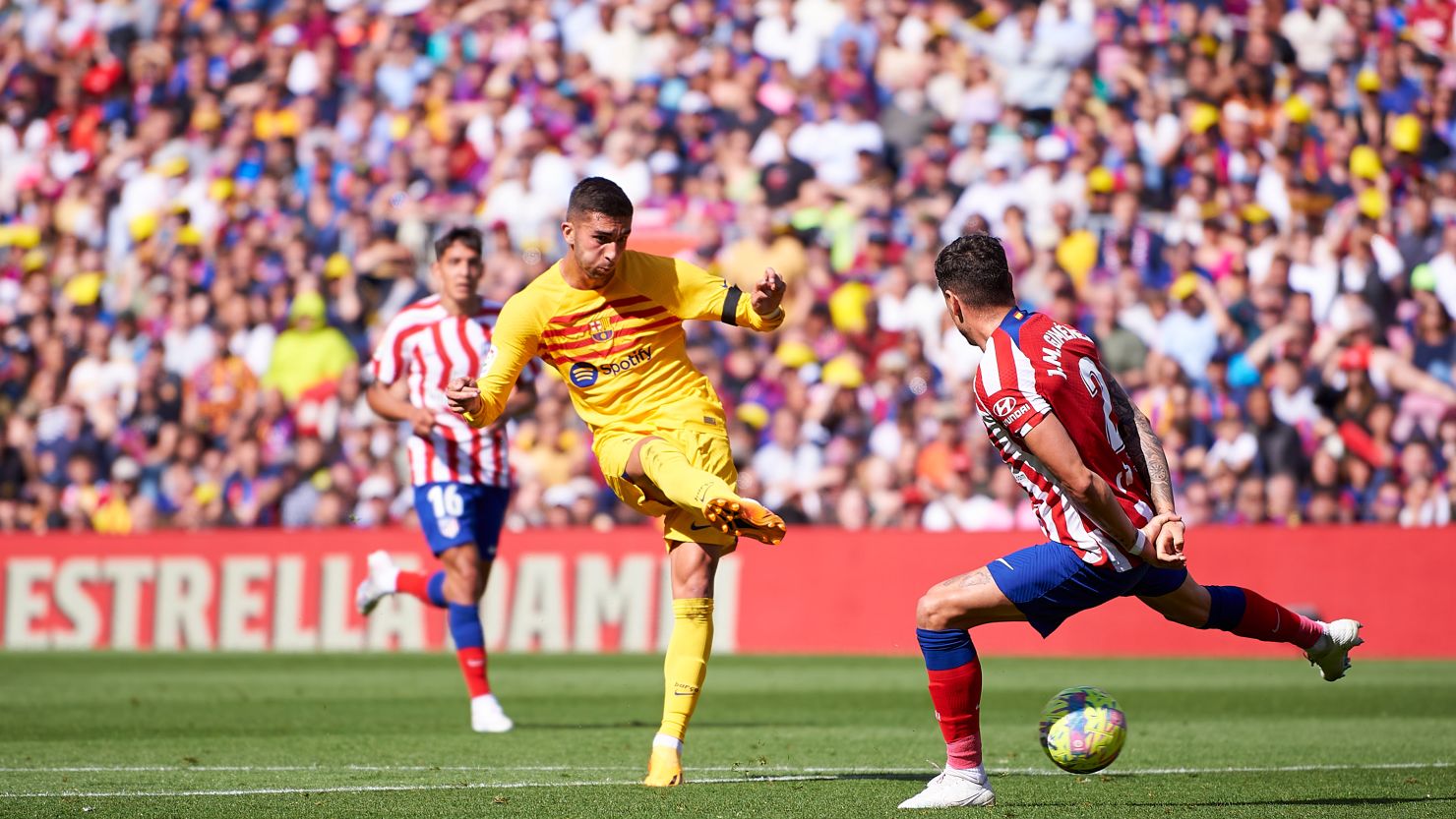 Ferran Torres of FC Barcelona  scores his team's first goal during the LaLiga Santander match between FC Barcelona and Atletico de Madrid at Spotify Camp Nou on April 23, 2023 in Barcelona, Spain.