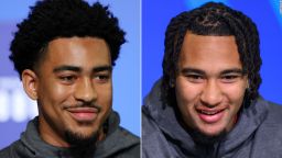 Quarterback Bryce Young of Alabama, left, and Ohio State quarterback C.J. Stroud speak to the media during the NFL Combine on March 3, 2023 in Indianapolis, Indiana.