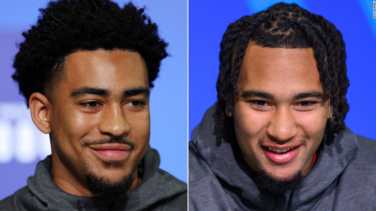 Bryce Young (left) and CJ Stroud (right) speak to the media during the NFL Combine on March 3. 