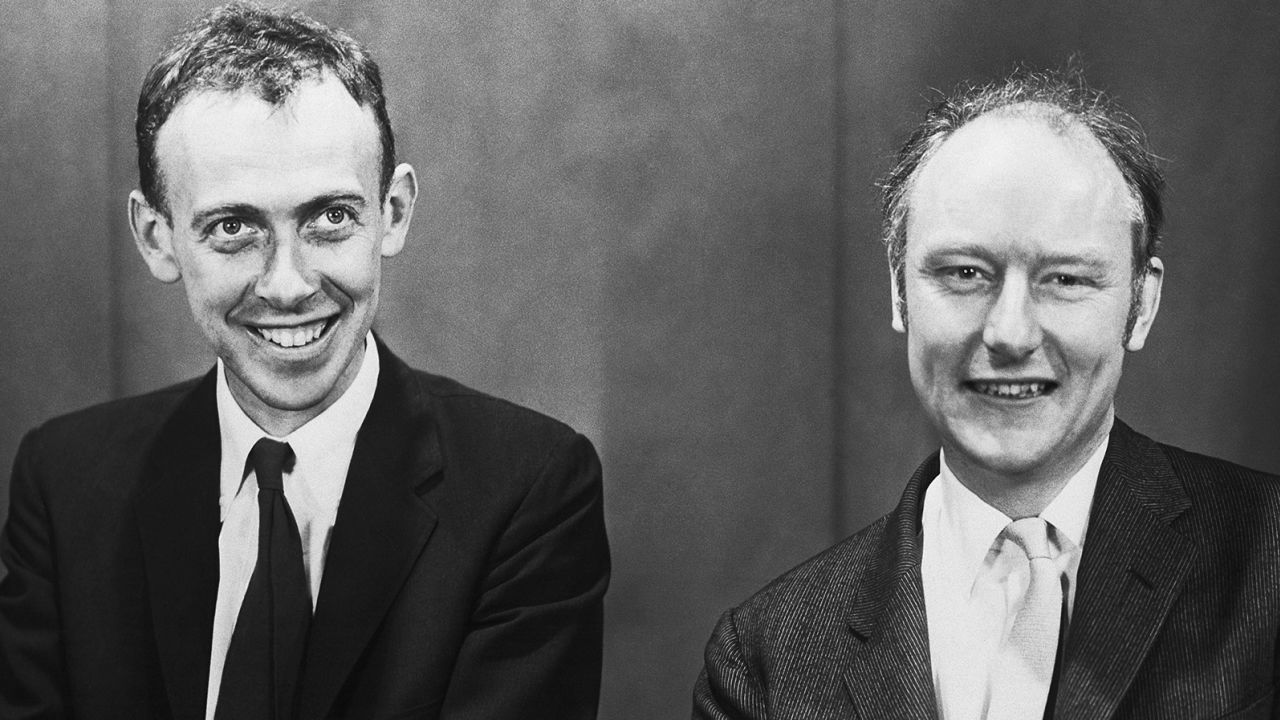 (Original Caption) 1959- James Watson and Francis Crick, crackers of the DNA code. Photo taken on occasion of the Massachusetts General Hospital lectures. SEE NOTE