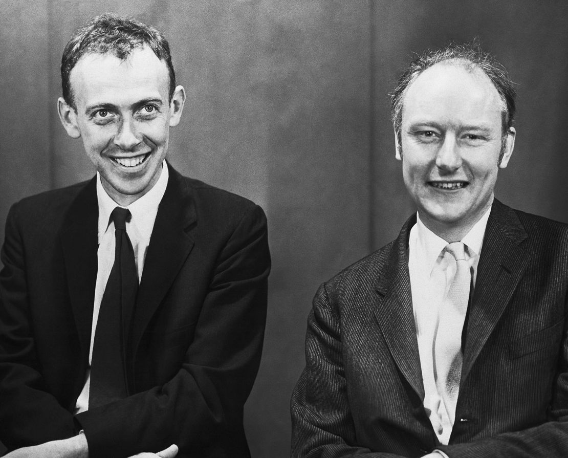 (Original Caption) 1959- James Watson and Francis Crick, crackers of the DNA code. Photo taken on occasion of the Massachusetts General Hospital lectures. SEE NOTE