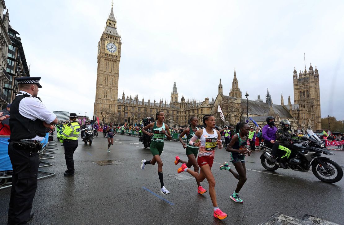 Hassan (center left) passes Big Ben on her way to an unexpected victory in London. 