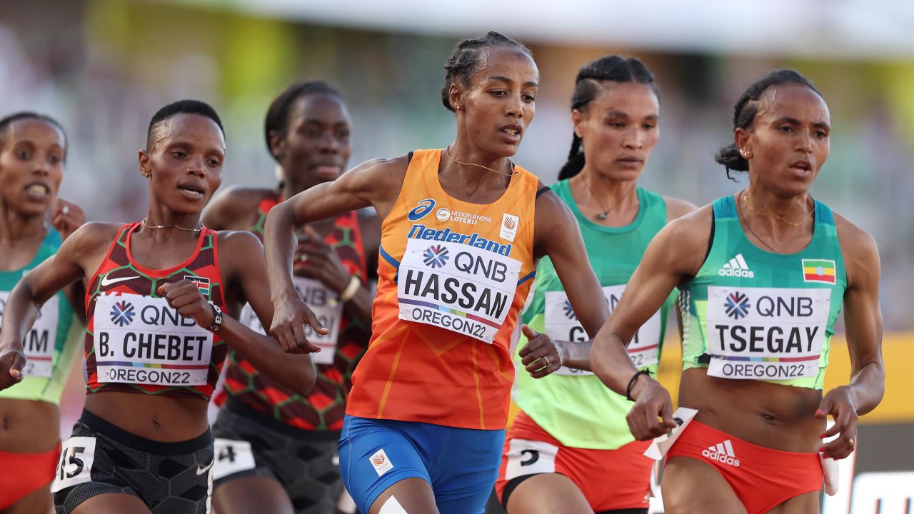 Hassan races in the 5,000-meter final at last year's World Athletics Championships in Eugene, Oregon. 