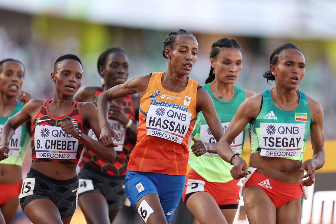 Hassan races in the 5,000-meter final at last year's World Athletics Championships in Eugene, Oregon. 