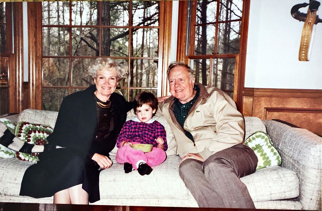 Chloe Melas is shown with her grandparents, Ann and Frank Murphy, in Atlanta in1989. (Courtesy Melas Family Collection)