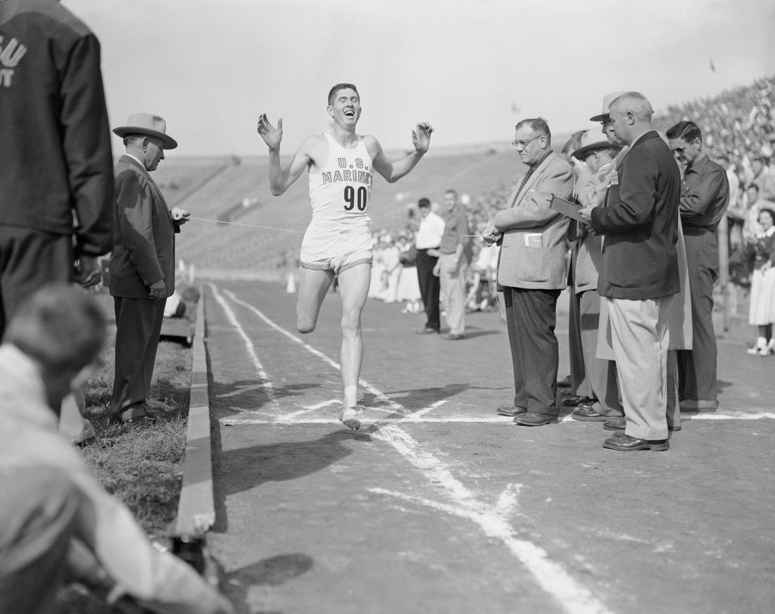 Wes Santee, seen here competing in a three-mile cross-country race, came close to running a sub-four-minute mile during his career. 