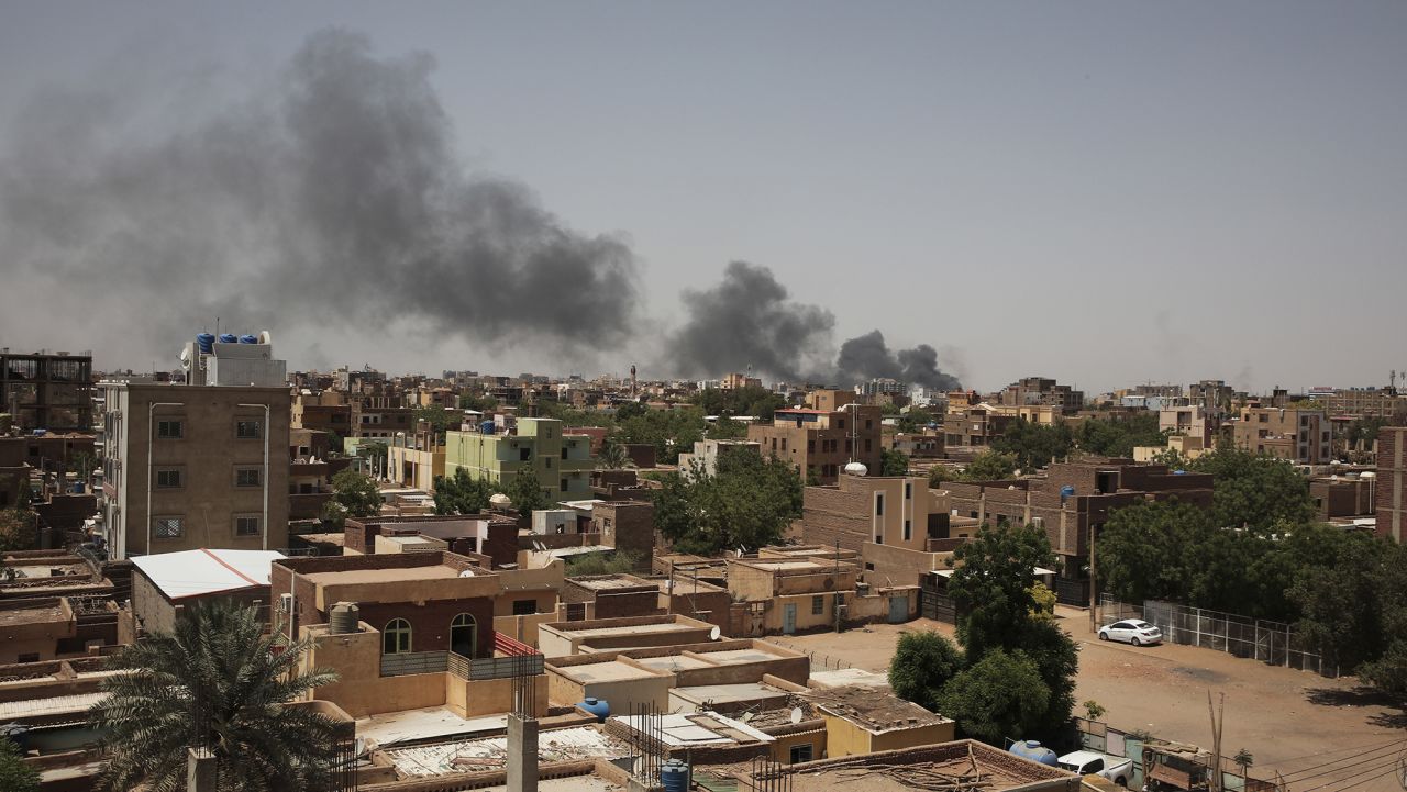 Smoke is seen in Khartoum, Sudan, Saturday, April 22, 2023. The fighting in the capital between the Sudanese Army and Rapid Support Forces resumed after an internationally brokered cease-fire failed. (AP Photo/Marwan Ali)