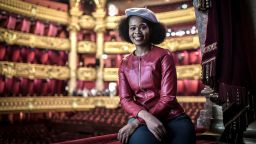South African soprano Pretty Yende poses during a photo session at the Garnier Opera House on September 10, 2019 in Paris. - South African opera singer Pretty Yende, who has enjoyed a meteoric rise over the last years, has hit new heights in a Paris production of "La Traviata" where the heroine is a social media influencer destroyed by the same society that propelled her to fame. (Photo by STEPHANE DE SAKUTIN / AFP)        (Photo credit should read STEPHANE DE SAKUTIN/AFP via Getty Images)