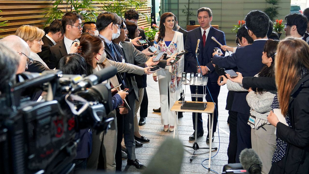 Florida Governor Ron DeSantis talks with journalists after meeting Japanese Prime Minister Fumio Kishida at the latter's official residence in Tokyo, Japan. 