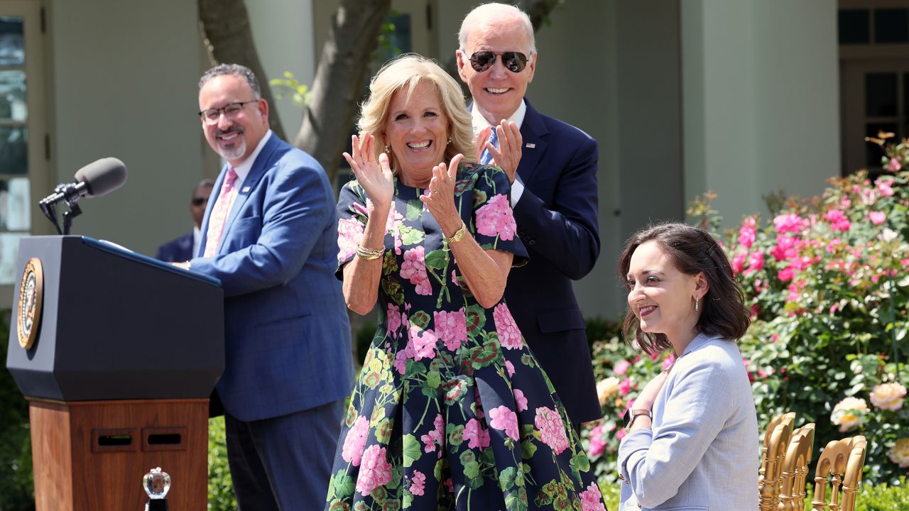 Education Secretary Miguel Cardona, first lady Jill Biden and President Joe Biden applaud as Rebekah Peterson is named the 2023 National Teacher of the Year, in the Rose Garden at the White House on April 24, 2023 in Washington, DC.