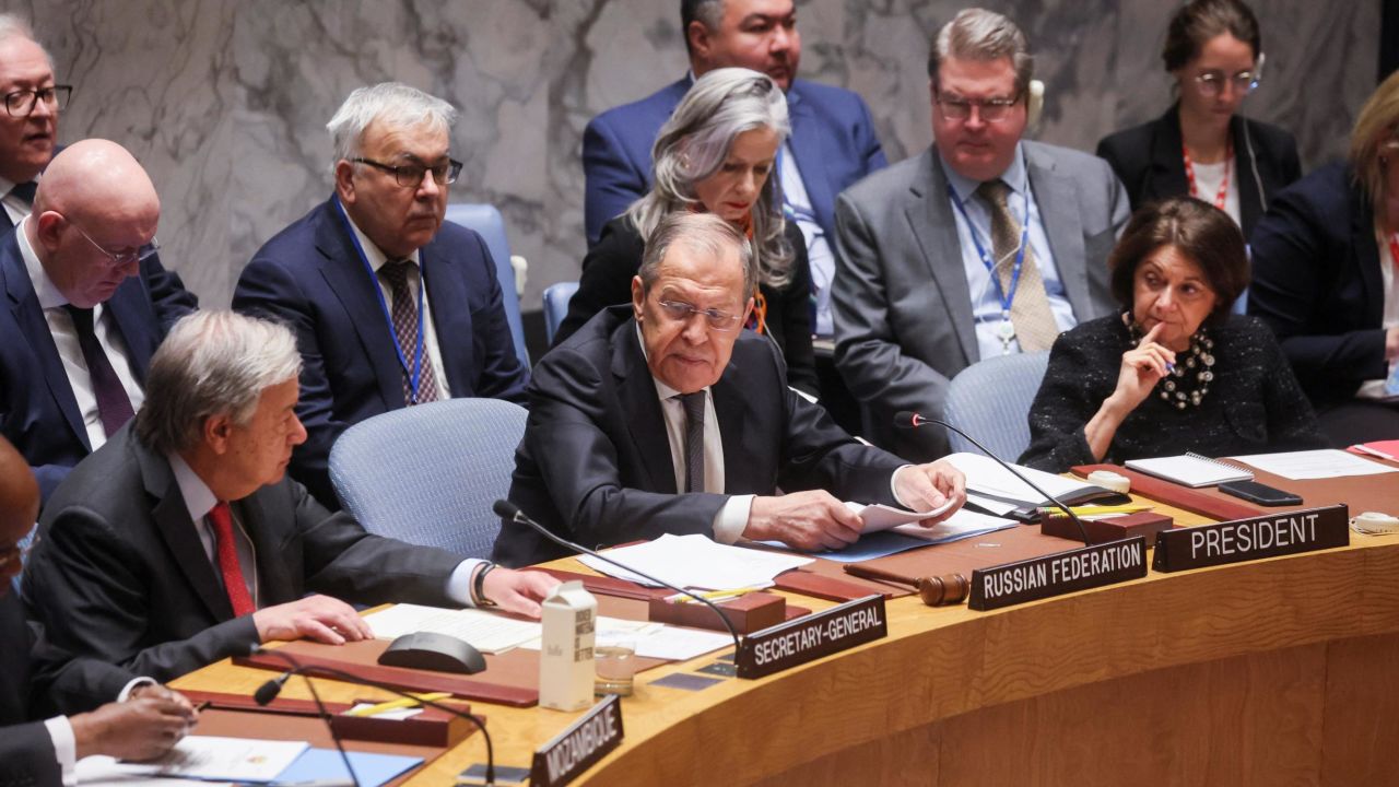 Russian Foreign Minister Sergei Lavrov chairs a meeting of the United Nations Security Council on "Effective multilateralism through the defence of the principles of the Charter of the United Nations," at the U.N. headquarters in New York, U.S., April 24, 2023. REUTERS/Brendan McDermid