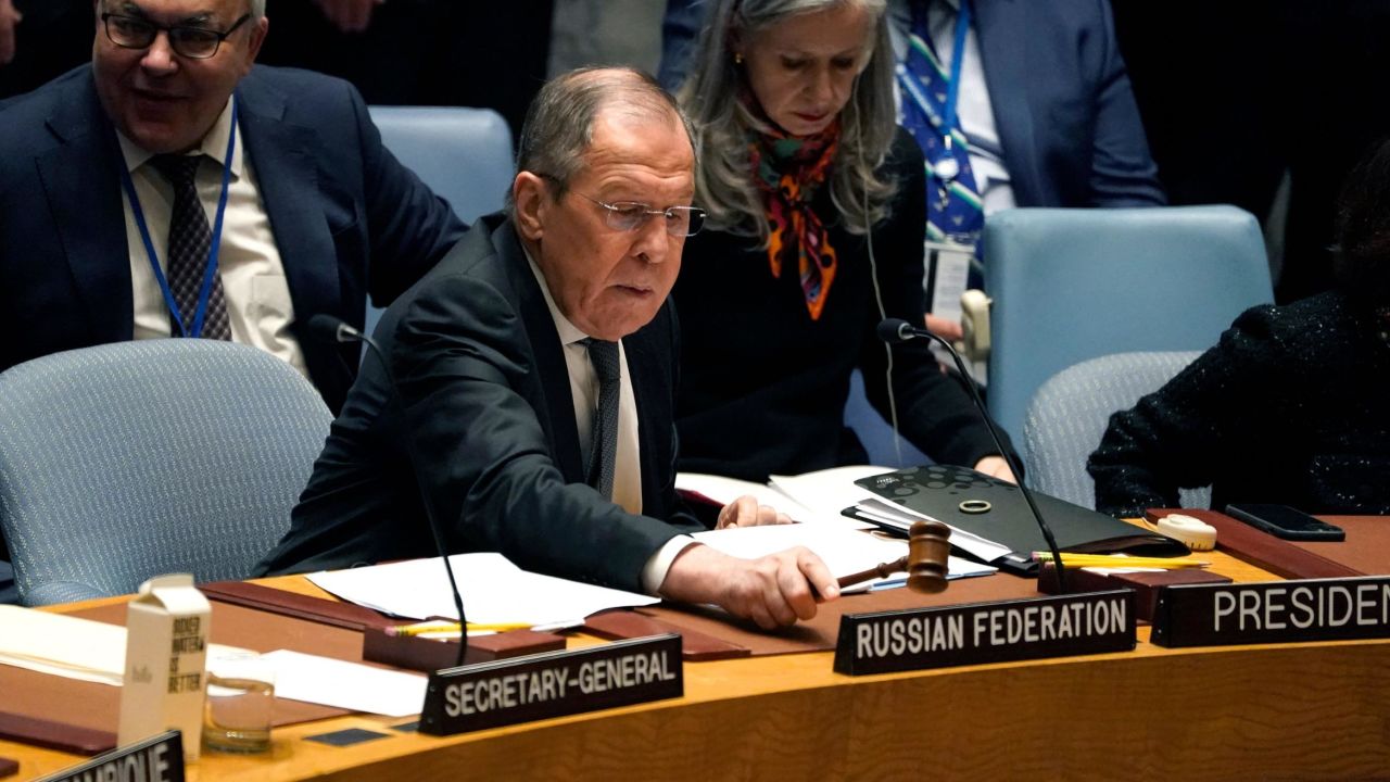 Russian Foreign Minister Sergey Lavrov chairs a Security Council meeting at UN Headquarters in New York on April 24, 2023. 