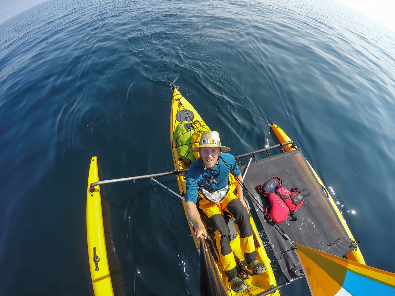 The adventurer traveled through North America's Lake Superior on a trimaran.
