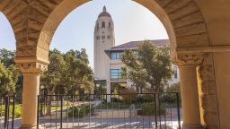 PALO ALTO, CA - OCTOBER 2:  A general view of Hoover Tower through the arches of the Main Quadrangle on the campus of Stanford University before a college football game against the Oregon Ducks on October 2, 2021 played at Stanford Stadium in Palo Alto, California.