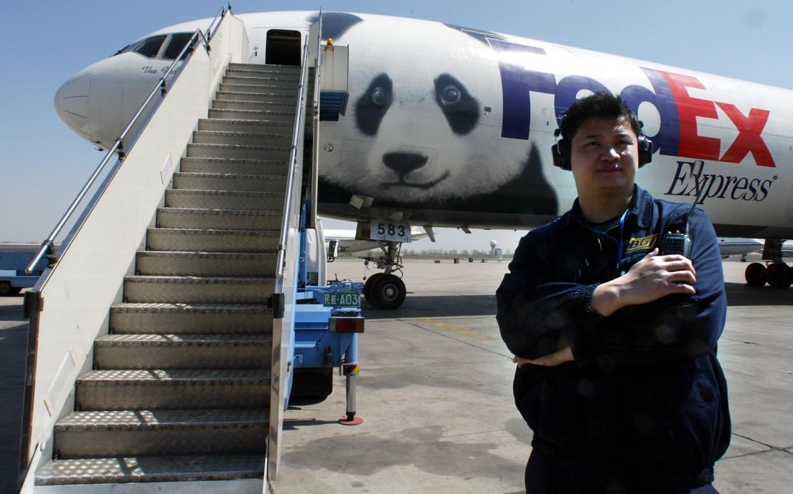 A Chinese airport official stands near the Panda Express, a FedEx plane painted with a giant panda's face, that carries Ya Ya and Le Le from Beijing to Memphis on April 7, 2003. 