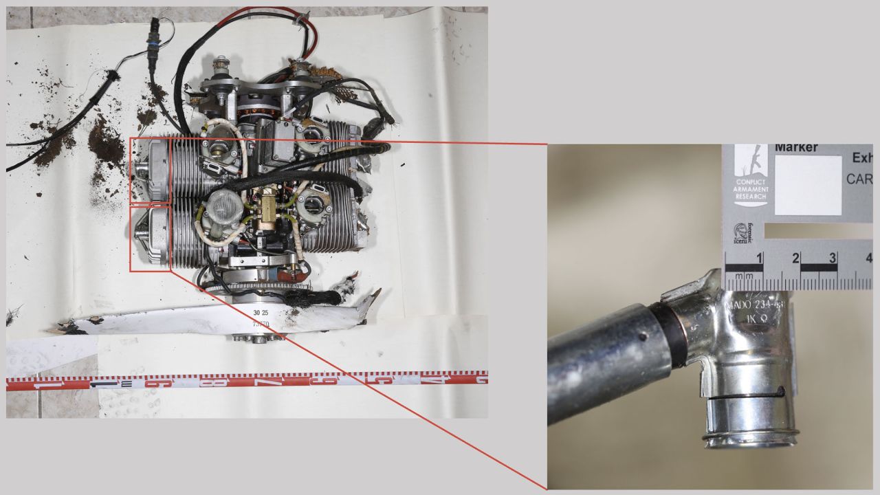 The location of spark plug caps on a Mado MD-550 engine is shown. CAR researchers found Mado's markings on the spark plug caps. 