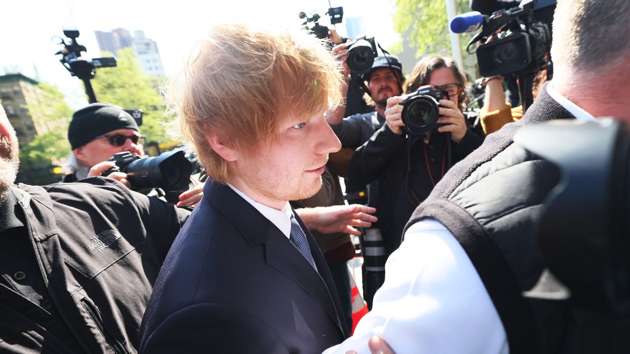 Musician Ed Sheeran arrives for his copyright-infringement trial at Manhattan Federal Court on April 25, 2023 in New York City. Sheeran is being sued for copyright-infringement for his 2014 hit "Thinking Out Loud." He is accused of copying Marvin Gaye's legendary R&B song "Let's Get It On". 