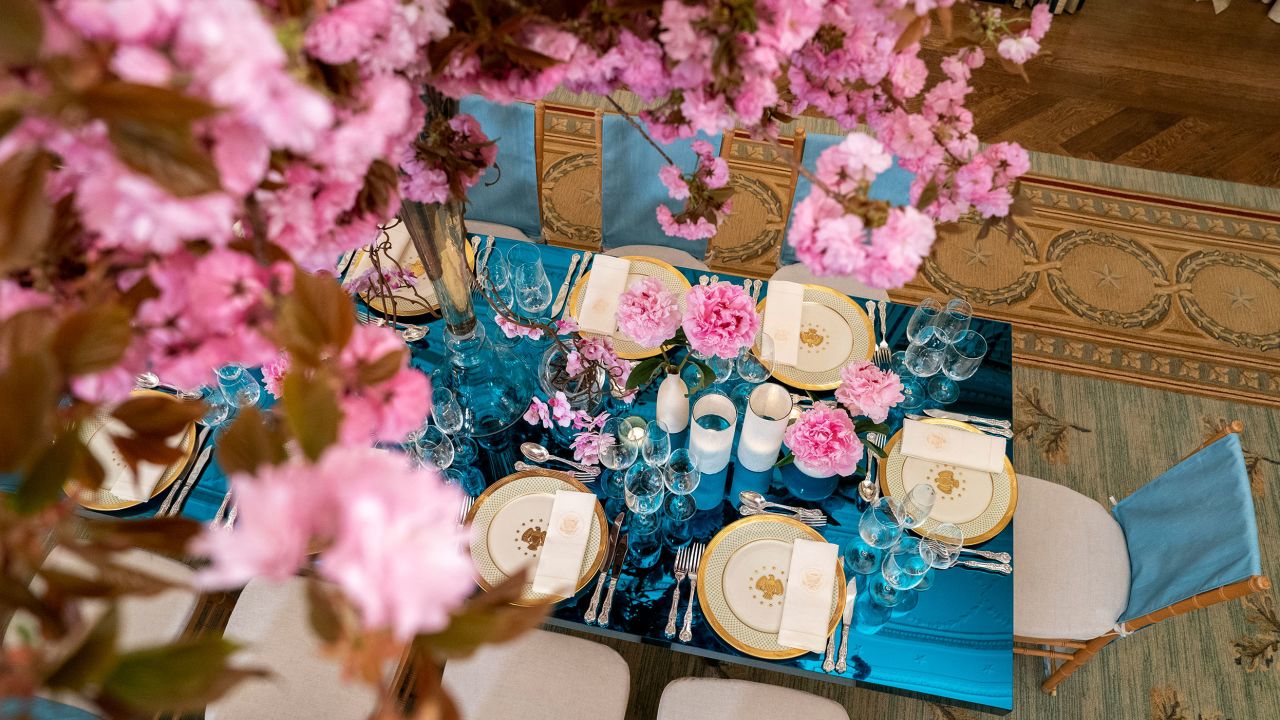 Peonies, Orchids, Cherry Blossoms, and Azaleas (a native Korean flower) are incorporated in the design and décor at the place settings media preview of the official State Visit with the Republic of Korea, in advance of Wednesday evening's State Dinner at the White House April 24, 2023 in Washington DC. 