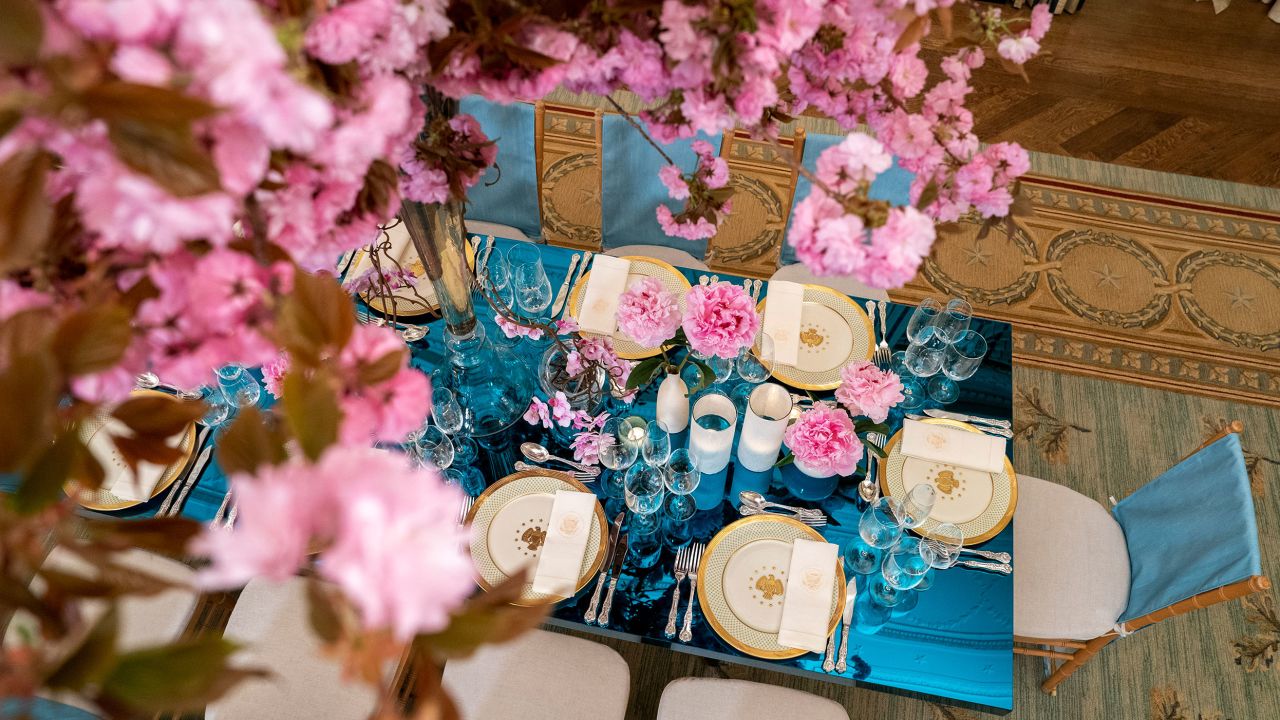 Peonies, Orchids, Cherry Blossoms, and Azaleas (a native Korean flower) are incorporated in the design and décor at the place settings media preview of the official State Visit with the Republic of Korea, in advance of Wednesday evening's State Dinner at the White House April 24, 2023 in Washington DC.