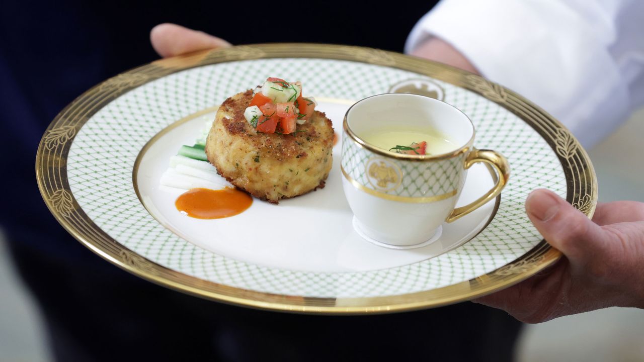 The first course of Maryland crab cake is displayed at a media preview of the state dinner during Wednesday's visit by South Korean President Yoon Suk Yeol and his wife Kim Keon Hee in the State Dining Room at the White House on April 24, 2023 in Washington, DC.