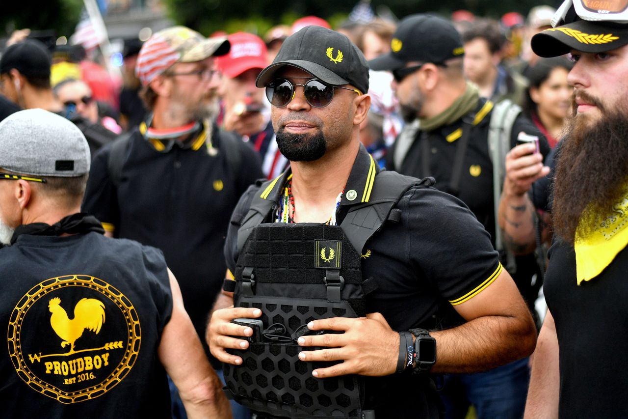 Proud Boys chairman Enrique Tarrio rallies in Portland, Ore., on Aug. 17, 2019.