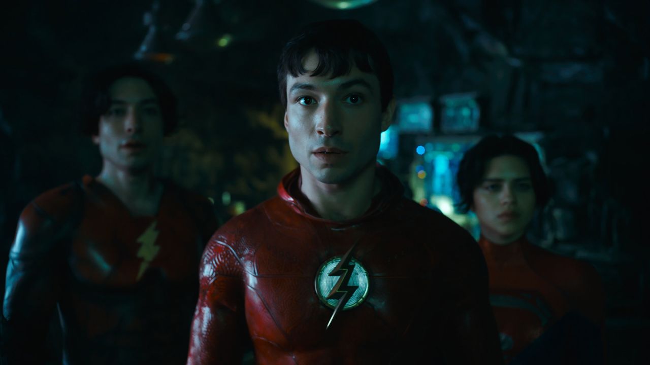 Ezra Miller as Barry Allen/The Flash (left and center), and Sash Calle as Supergirl (right) in the new trailer.
