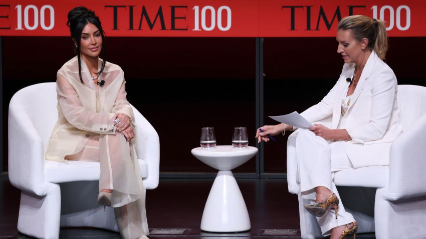 Kim Kardashian and Poppy Harlow speak onstage at the 2023 TIME100 Summit at Jazz at Lincoln Center on April 25, 2023 in New York City. 