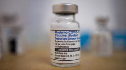 A vial of the Moderna coronavirus disease (COVID-19) booster vaccine targeting BA.4 and BA.5 Omicron sub variants is pictured at Skippack Pharmacy in Schwenksville, Pennsylvania, U.S., September 8, 2022.  REUTERS/Hannah Beier