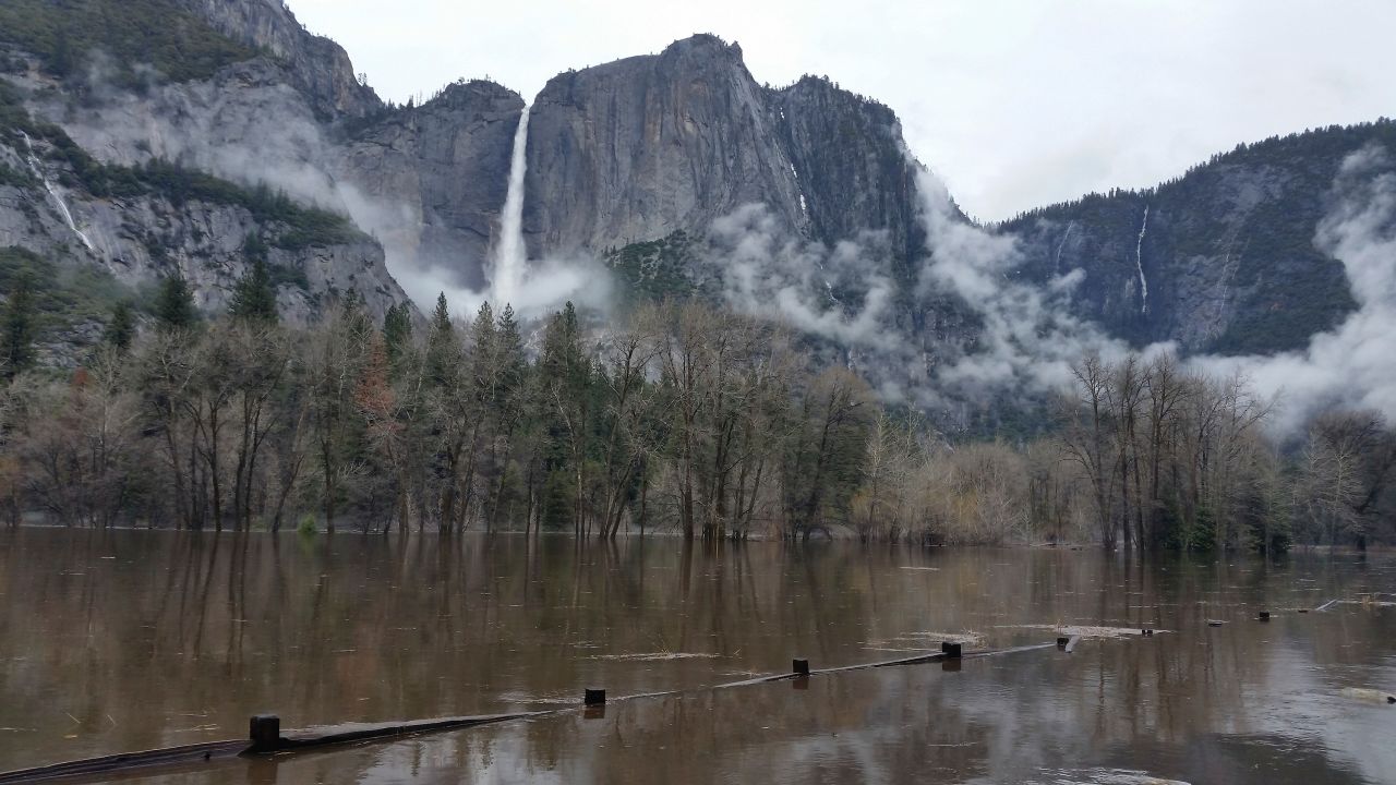 Yosemite National Park is no stranger to flood and drought cycles. Floodwaters covered Cook's Meadow in Yosemite Valley on April 7, 2018, before years of drought took hold in much of California.