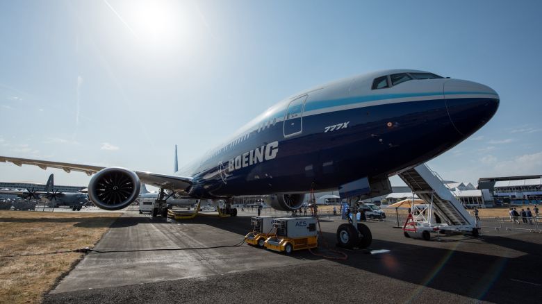 FARNBOROUGH, ENGLAND - JULY 18: The Boeing 777X aircraft is displayed during the Farnborough International Airshow 2022 on July 18, 2022 in Farnborough, England. Farnborough International Airshow 2022 will host leading innovators from the aerospace, aviation and defence industries. (Photo by John Keeble/Getty Images)