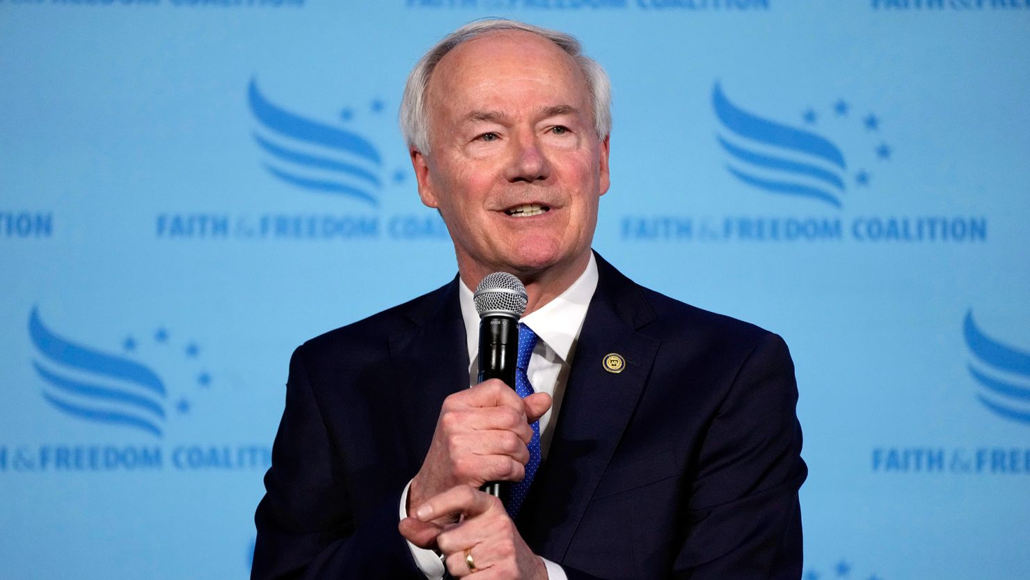 Republican presidential candidate and former Arkansas Gov. Asa Hutchinson speaks during the Iowa Faith and Freedom Coalition Spring Kick-Off, Saturday, April 22, 2023, in Clive, Iowa.