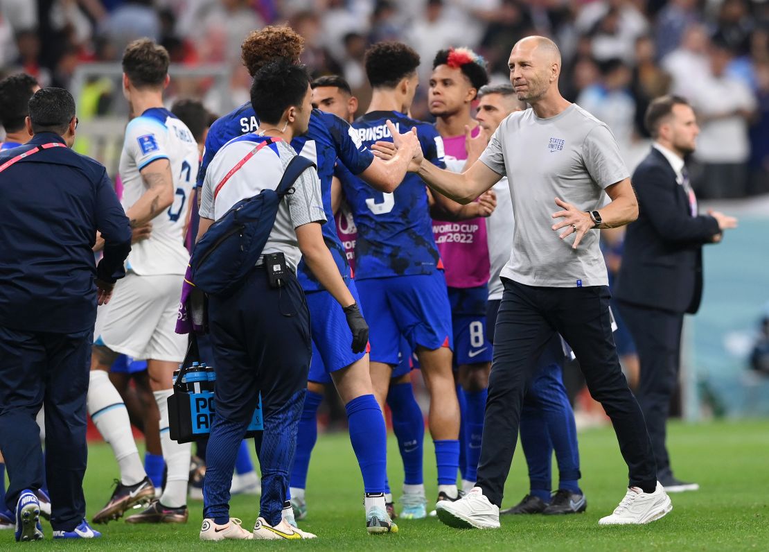 Berhalter speaks with Josh Sargent after the 0-0 draw between the US and England at the 2022 Qatar World Cup.