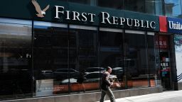 A person walks past a First Republic bank branch in Manhattan on April 24, 2023 in New York City. The U.S. bank will reveal its latest financial results but concerns over small and medium-sized banks persist following the collapse of Silicon Valley Bank (SVB) in March.  